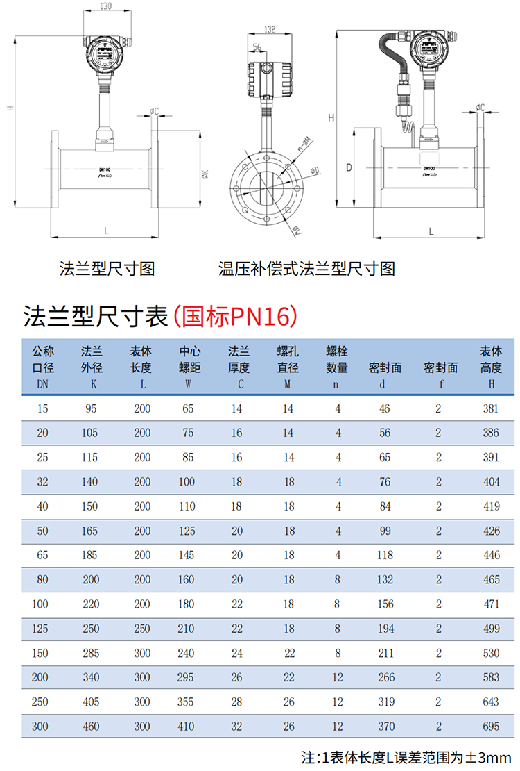 貿易結算渦街流量計法蘭式尺寸圖
